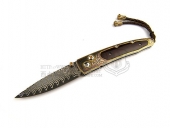 William Henry 威廉亨利 B10-Cameroon "Lancet"系列典藏绅士刃 ZDP189大马士革钢＋纯银柄表面24k金镶嵌蛇纹木＋茶晶 全球特别限量版50只